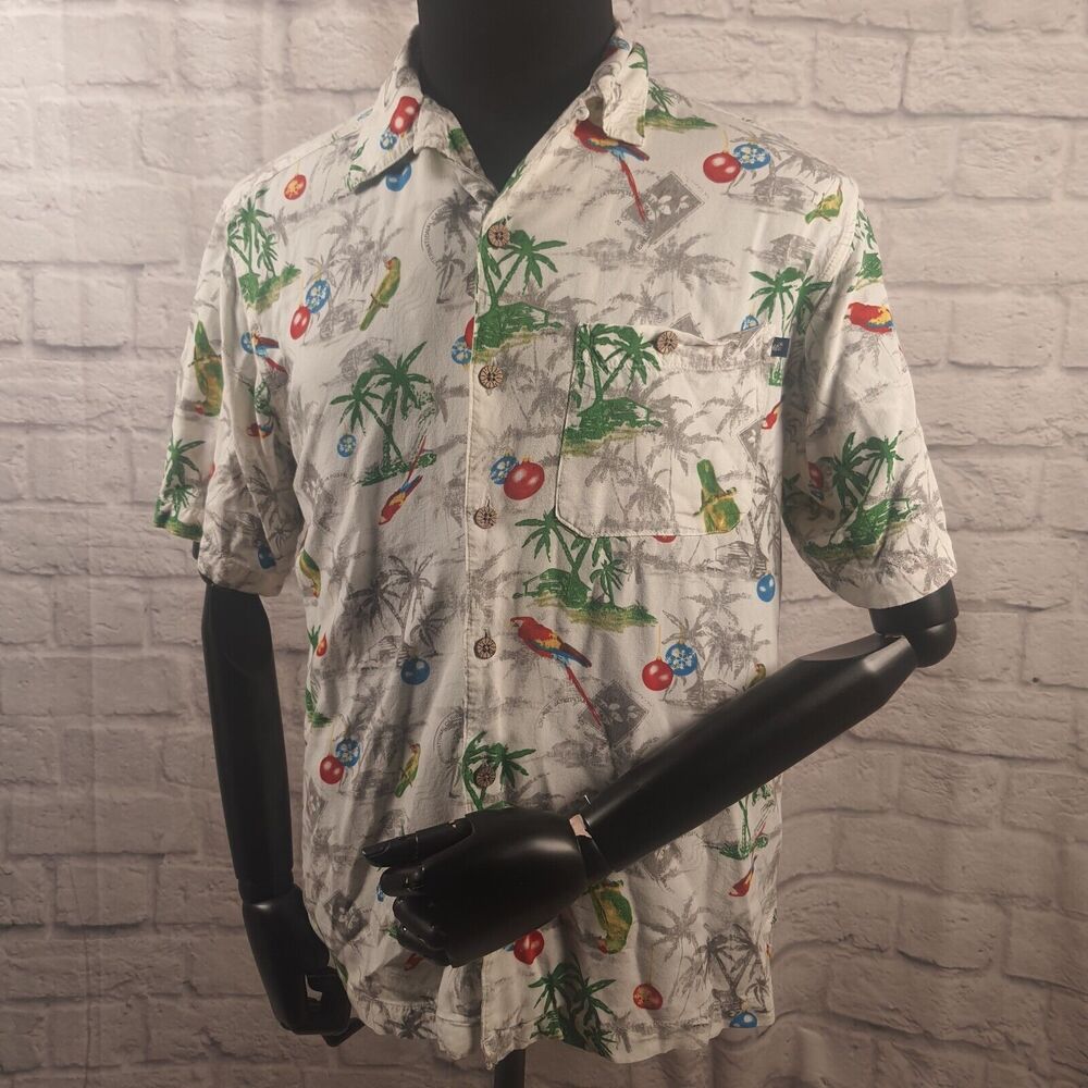 Caribbean Joe Men's Medium Christmas Hawaiian Camp Shirt Parrot Palm Trees